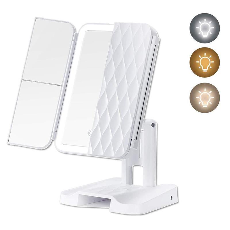 LED Light Makeup Mirror Magnifying Cosmetic 3 Fold Vanity Mirror 180 Rotation Adjustable Touch Dimmer Table Makeup Mirror